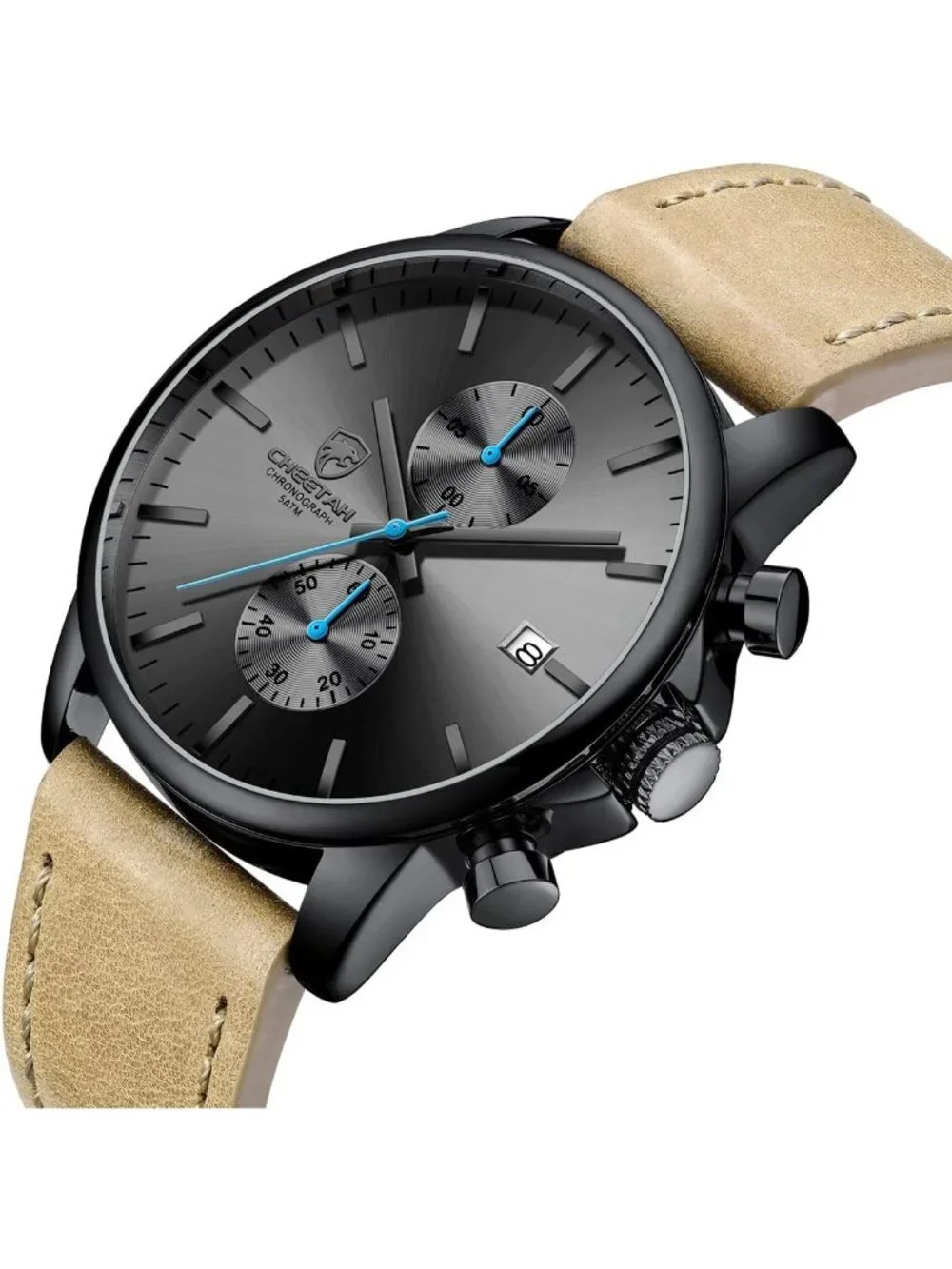 Men's Leather Blue hands Fashion Minimalist Quartz Analog Chronograph Wristwatch